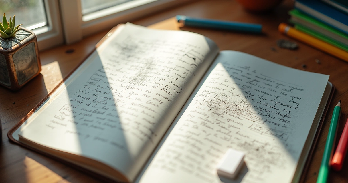 Caderno com marcas de borracha e anotações apagadas 