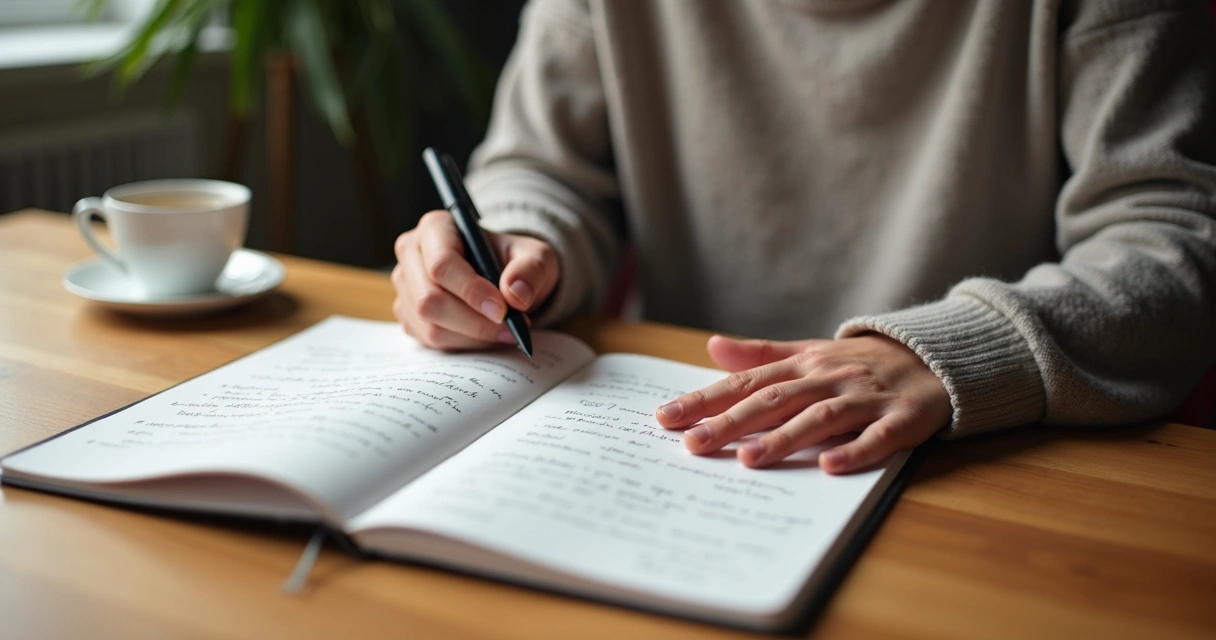 Caderno aberto com anotações e xícara ao lado em mesa de madeira 