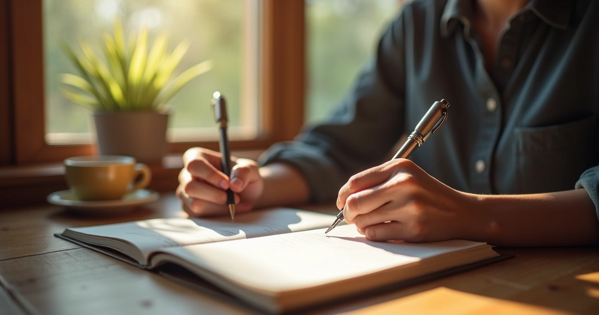 Pessoa escrevendo sobre autoconhecimento em um caderno 