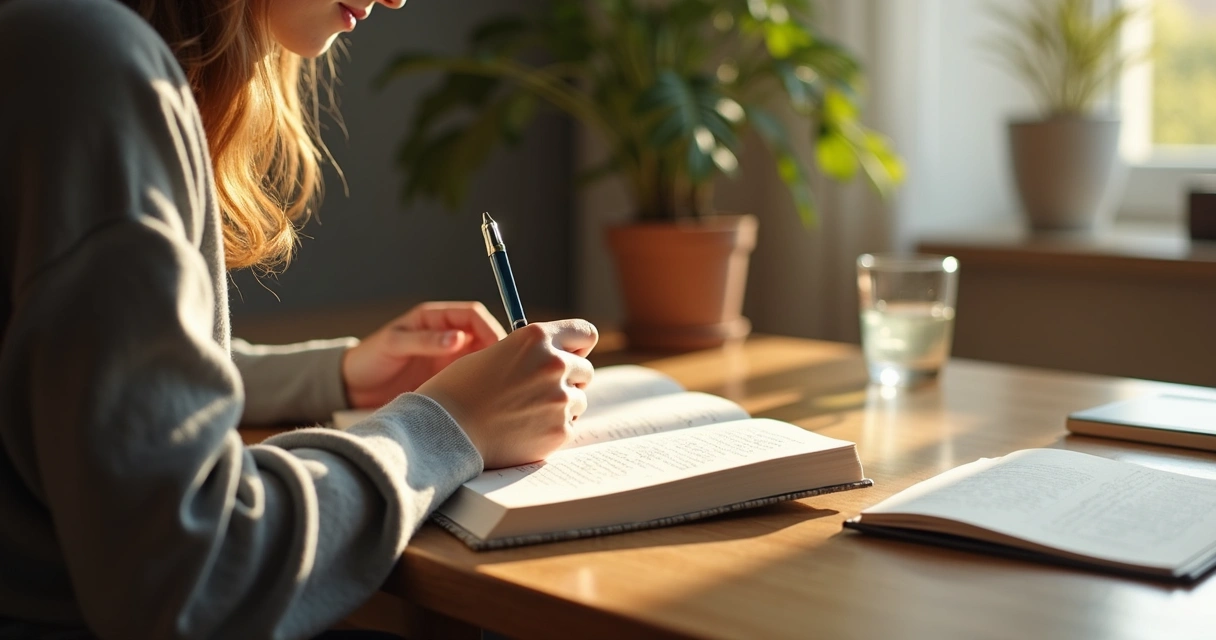 Caderno aberto com anotações e pessoa refletindo em ambiente calmo
