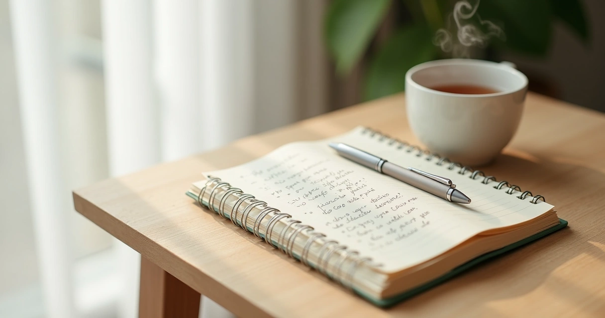 Caderno aberto com anotações e xícara em mesa clara 