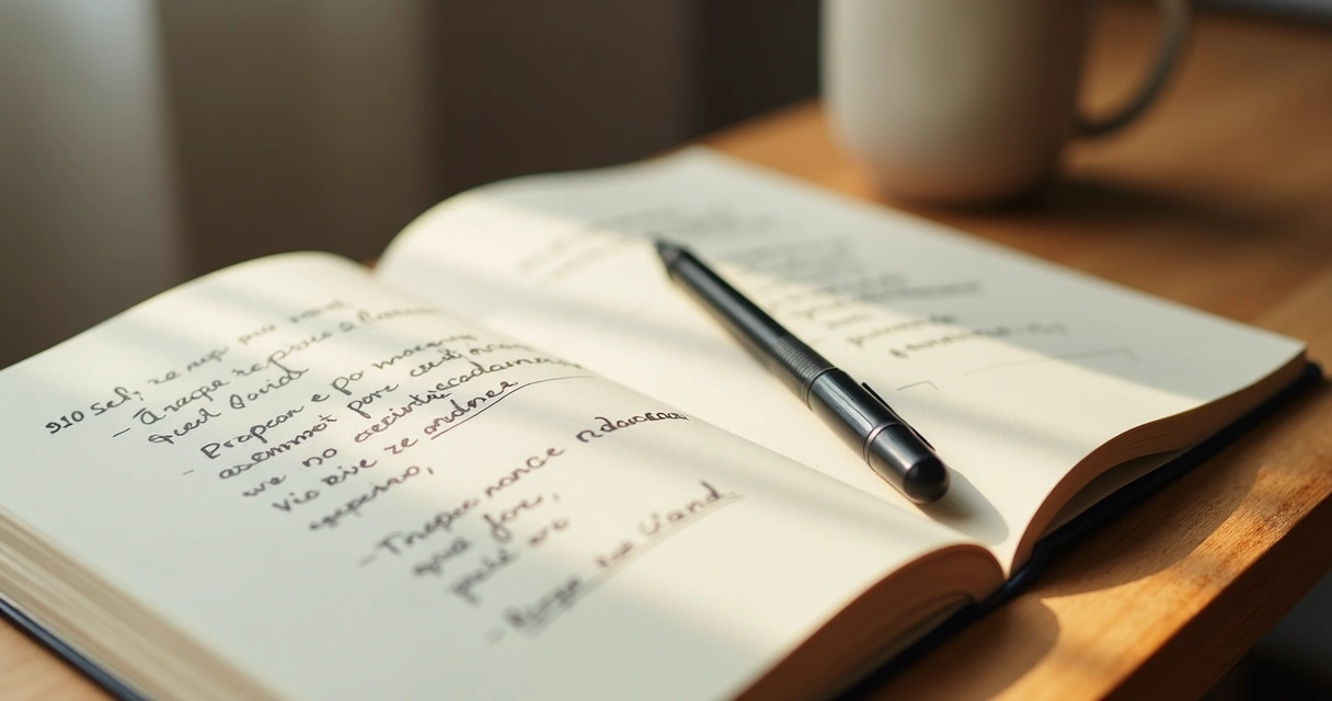 Caderno aberto com frases sobre autoimagem e reflexão pessoal
