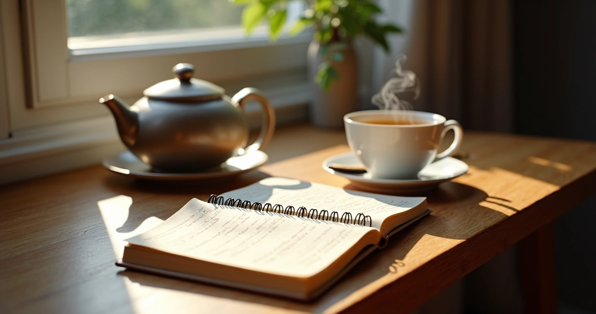 Caderno aberto com anotações manuscritas ao lado de um bule de chá e xícara, em ambiente tranquilo 