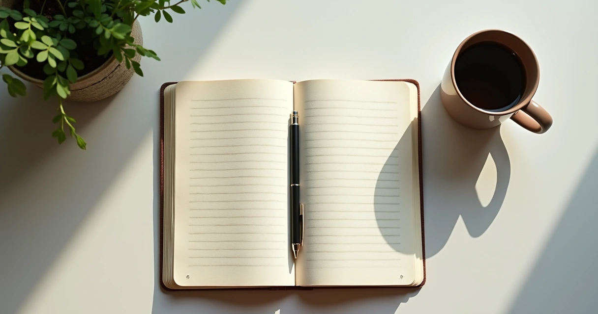Caderno aberto com anotações ao lado de uma xícara de café