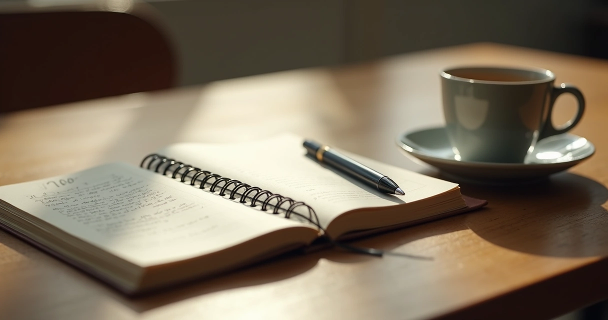 Caderno aberto com anotações ao lado de xícara de café