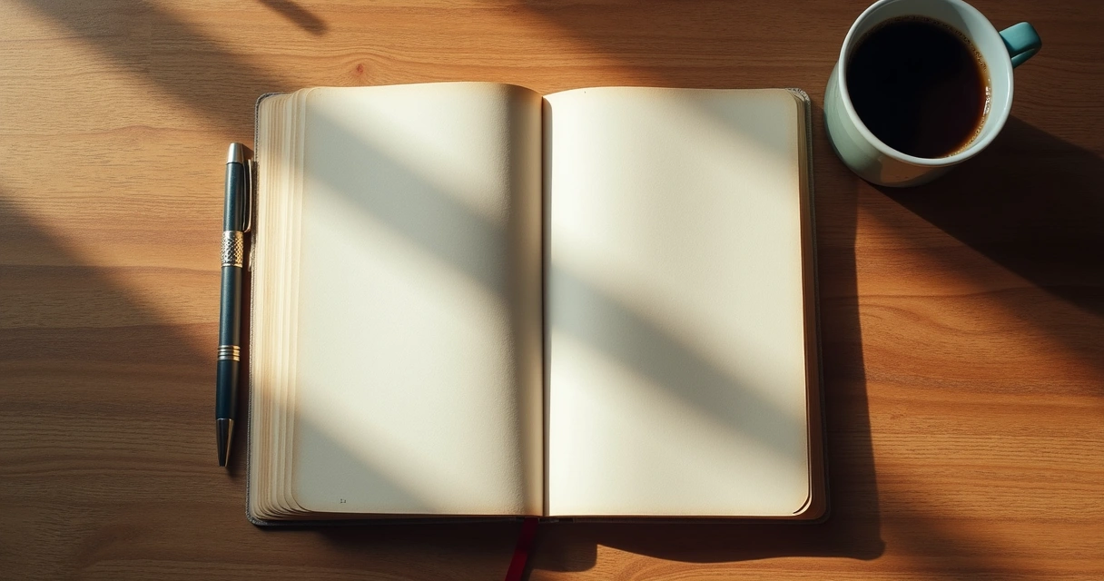 Caderno aberto com anotações e xícara de café