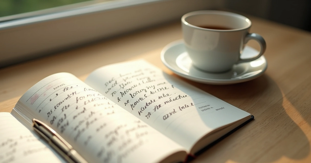 Caderno aberto com anotações e xícara de café ao lado em mesa de madeira clara 