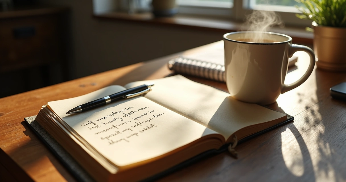 Caderno aberto com anotações ao lado de uma caneca de chá 