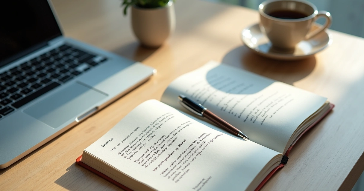 Caderno aberto com anotações sobre emoções e trabalho em mesa de escritório 