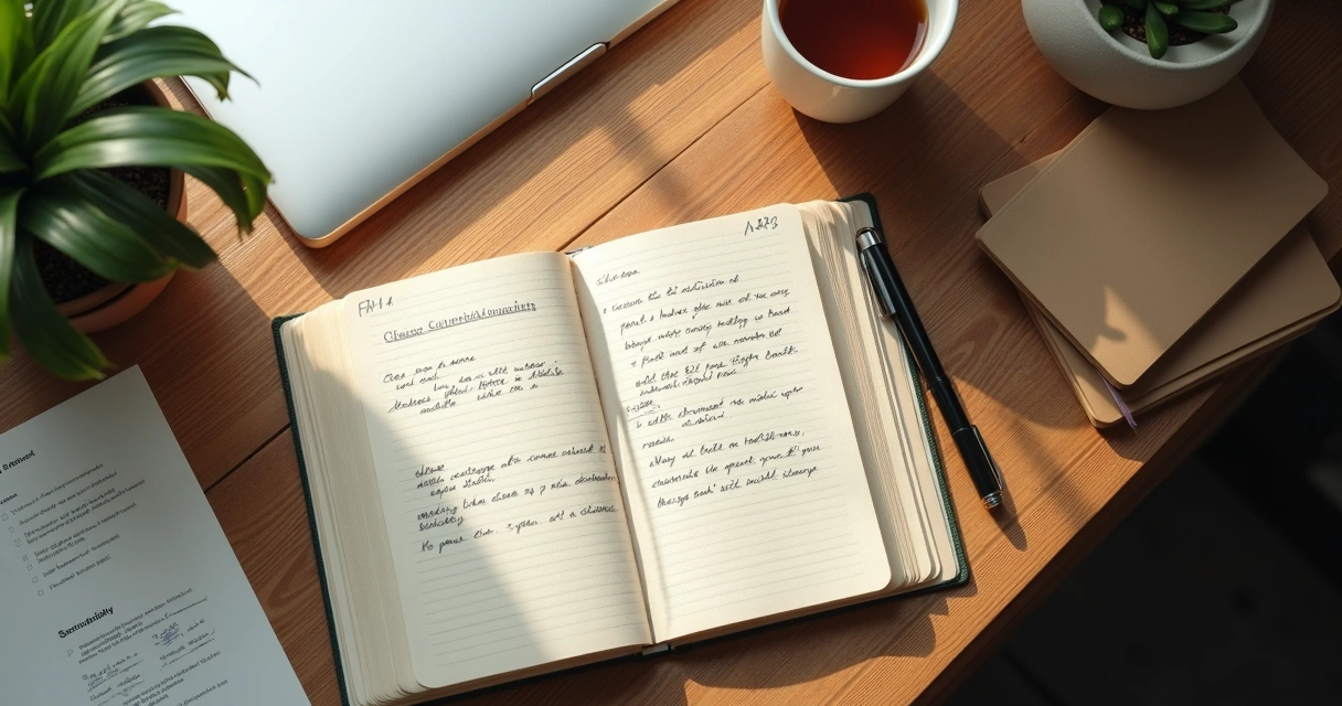 Caderno com anotações e xícara em mesa de madeira 