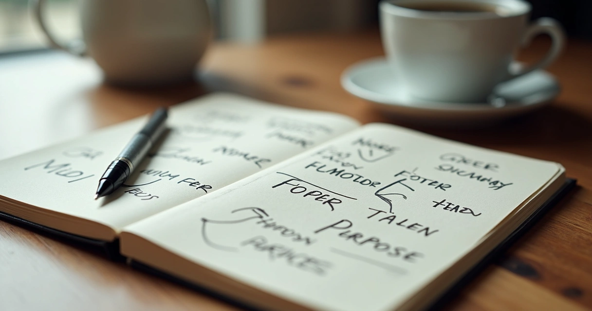 Caderno com anotações sobre carreira e setas ligando ideias