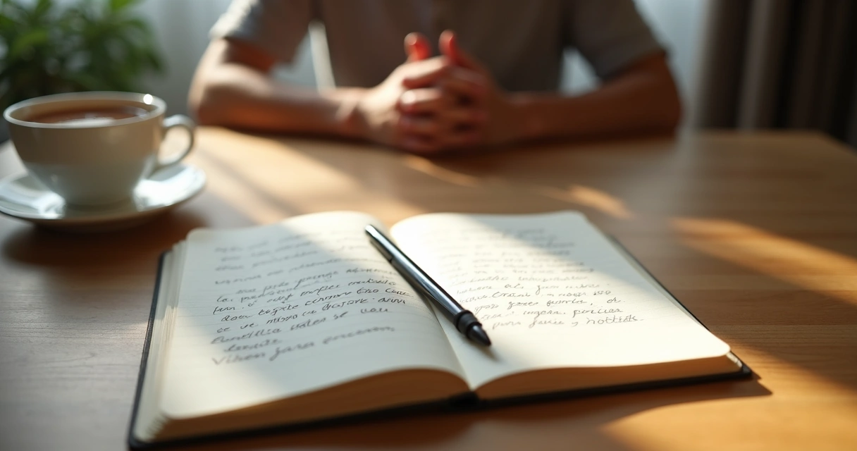 Caderno aberto com anotações e pessoa em reflexão