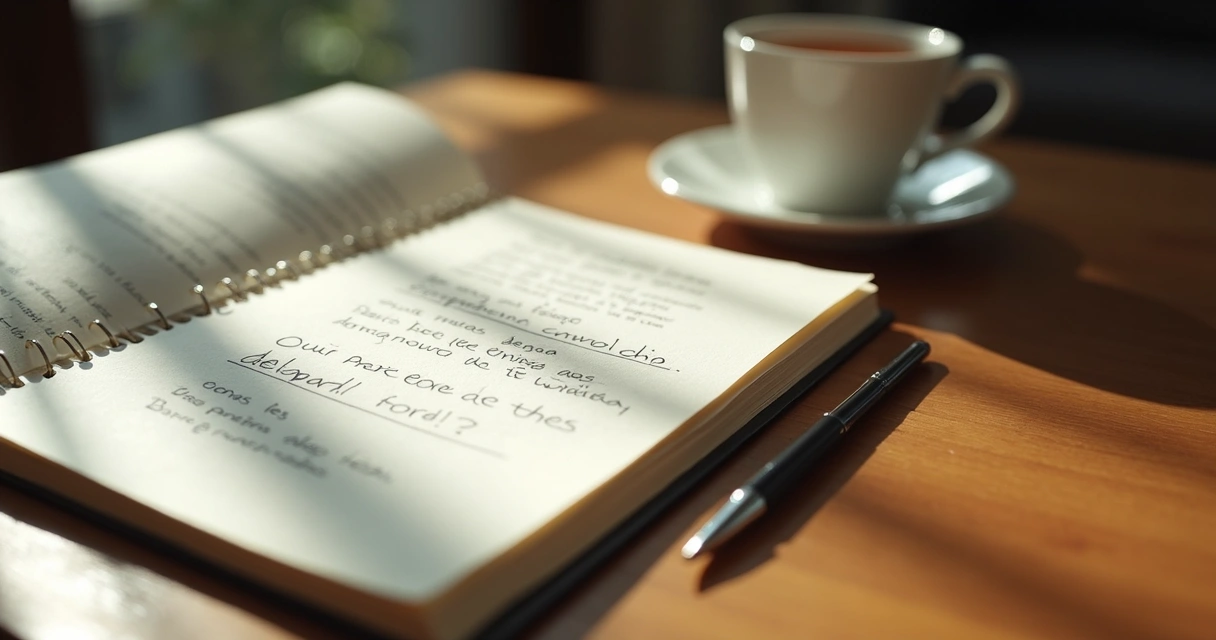 Caderno aberto com anotações e perguntas de reflexão 