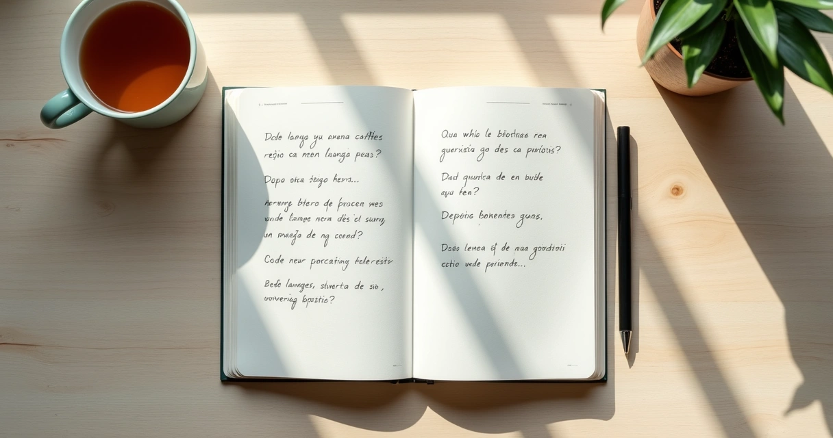 Caderno aberto com perguntas escritas e caneta sobre mesa clara