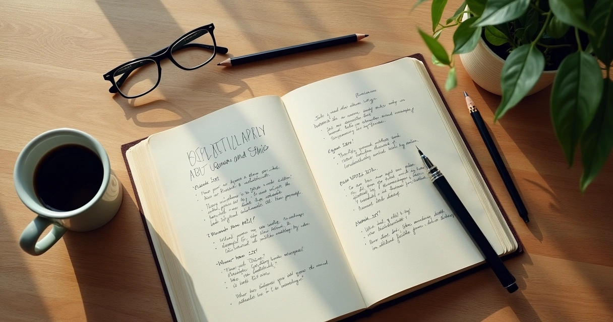 Caderno com perguntas éticas ao lado de lápis e café 