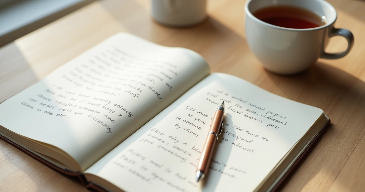 Caderno aberto com anotações e xícara ao lado 