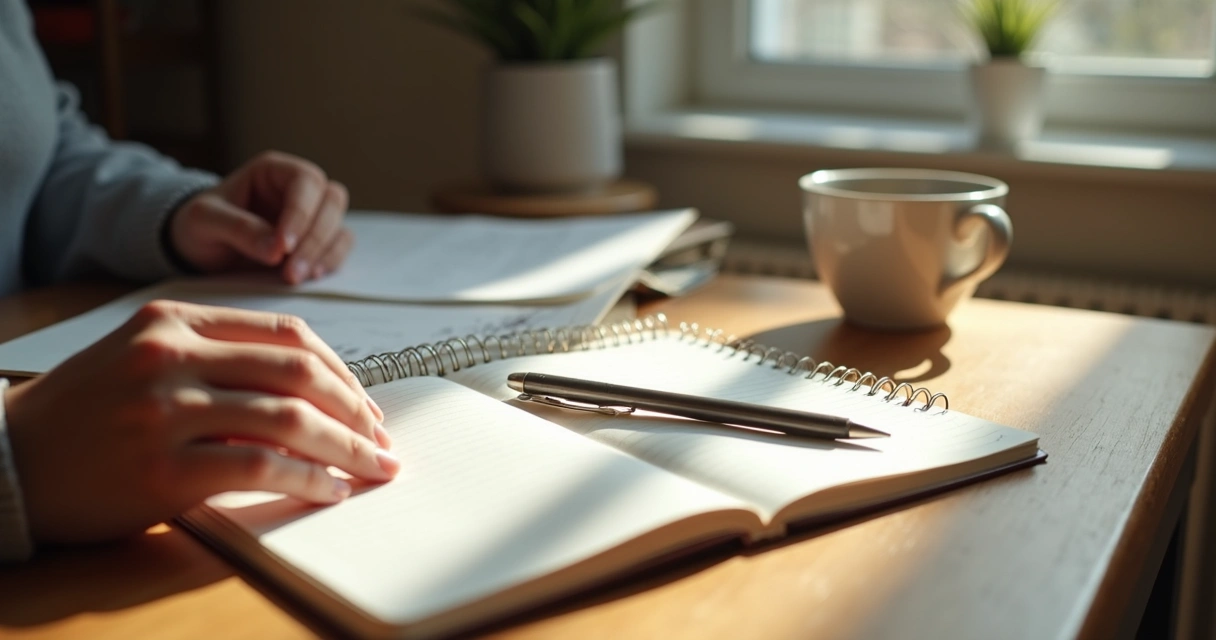 Caderno aberto com anotações e mãos em pausa para reflexão