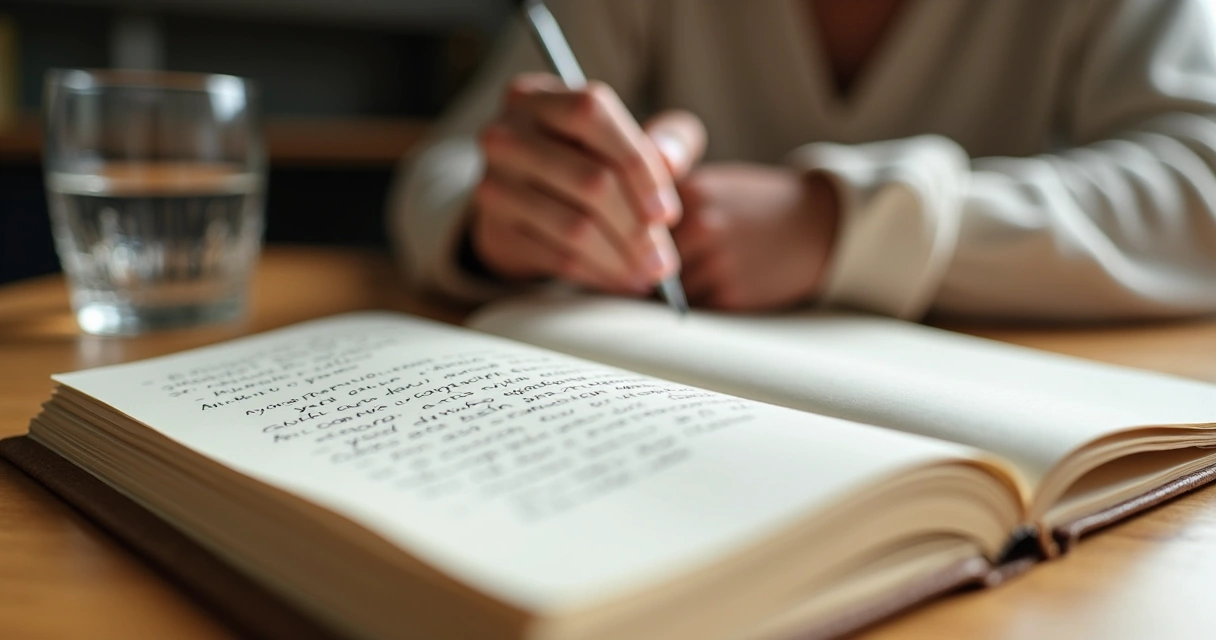 Caderno aberto com anotações e mãos em reflexão 