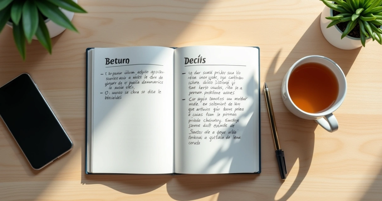 Caderno com anotações e xícara ao lado em mesa clara 