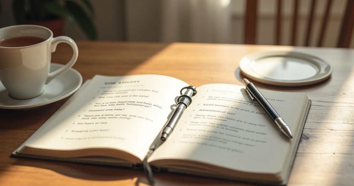 Caderno aberto com anotações e xícara em mesa clara 