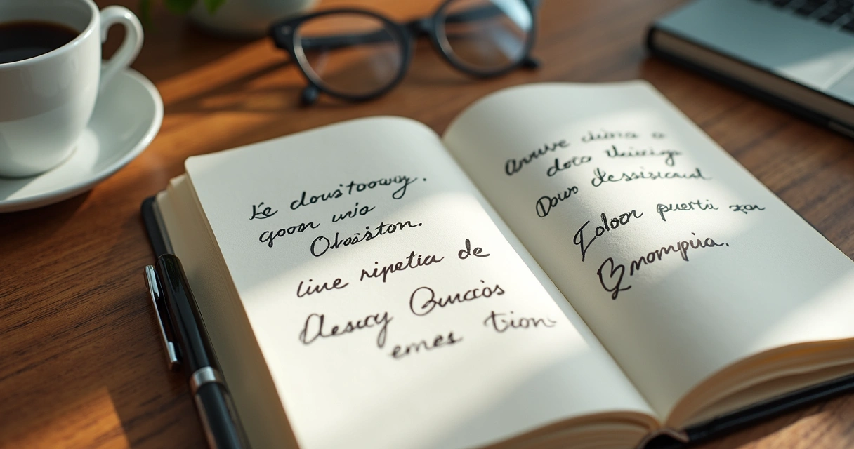 Caderno aberto com perguntas de reflexão e café sobre a mesa