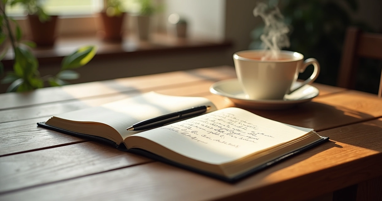 Caderno aberto com anotações de autorreflexão diária 