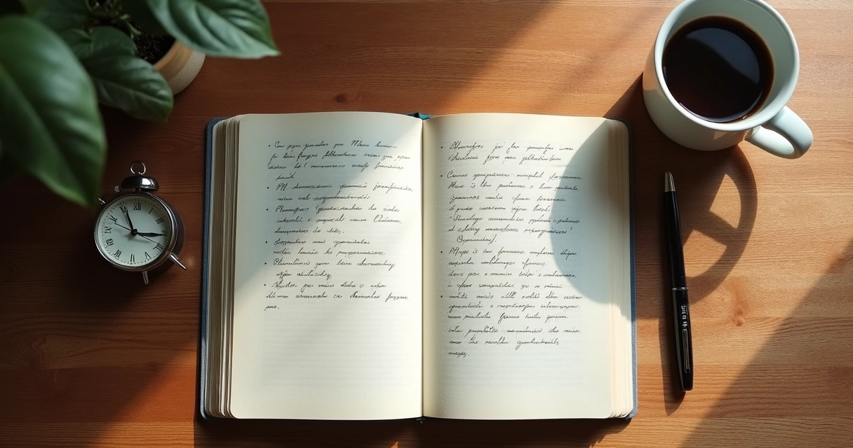 Caderno aberto com anotações de reflexão e xícara sobre mesa de madeira 