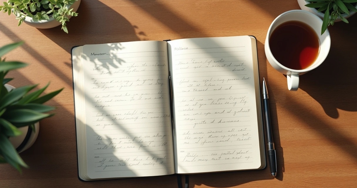 Caderno aberto com anotações, chá e luz suave sobre a mesa