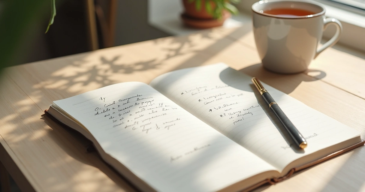 Caderno aberto com anotações e caneca sobre mesa clara