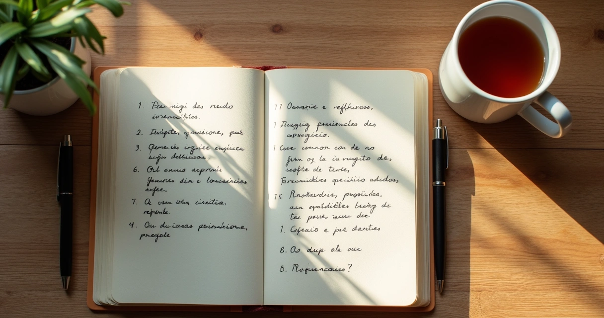 Caderno aberto com perguntas de reflexão e caneca sobre a mesa 