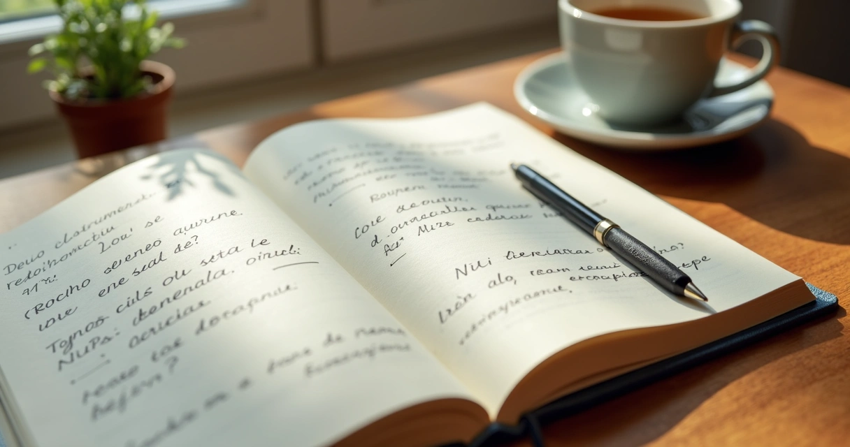 Caderno aberto com perguntas de reflexão e caneca ao lado