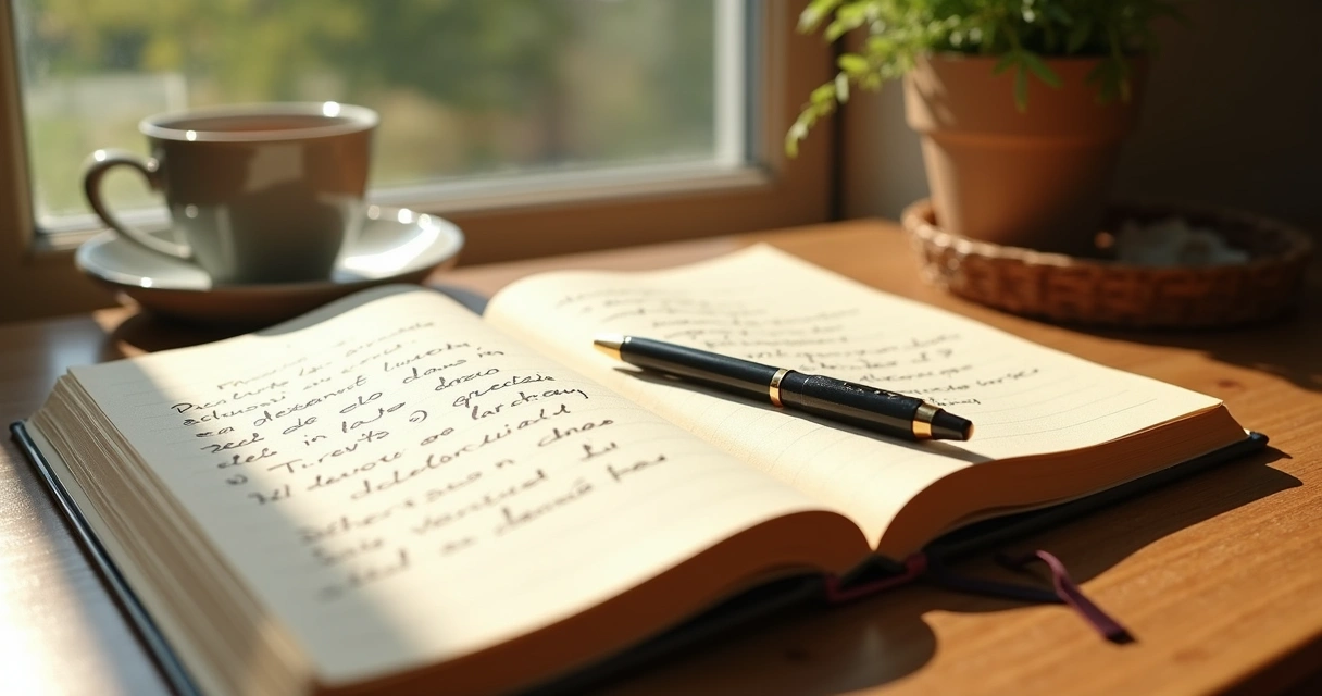 Caderno aberto com anotações ao lado de janela iluminada 