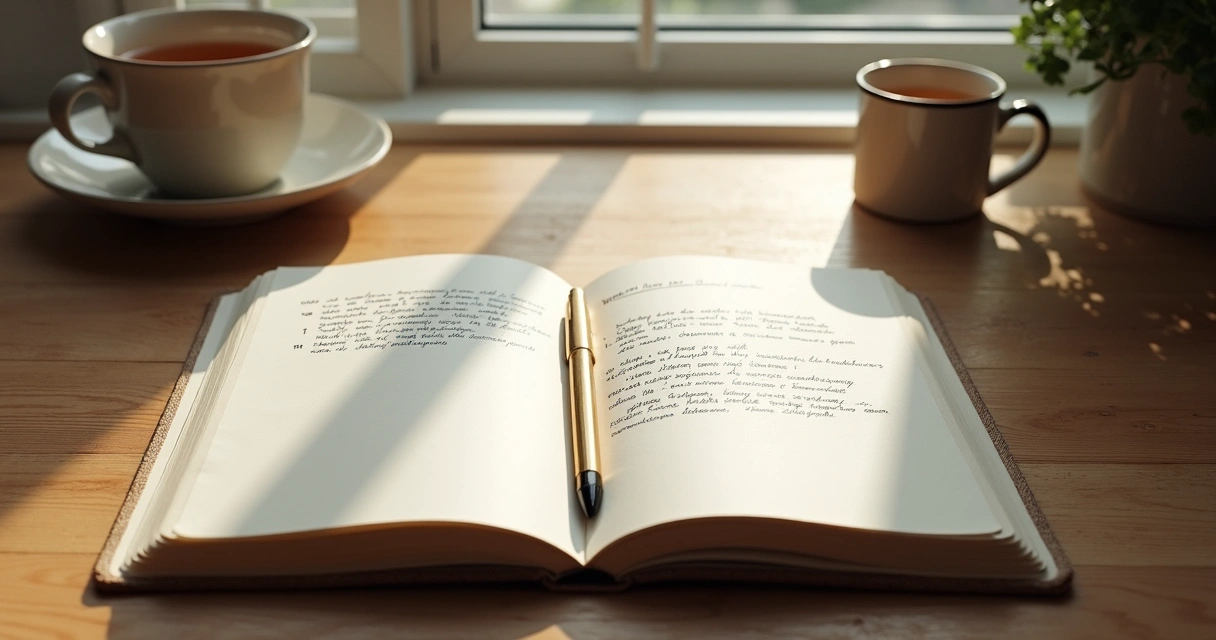 Caderno com anotações emocionais ao lado de uma xícara e janela com luz suave