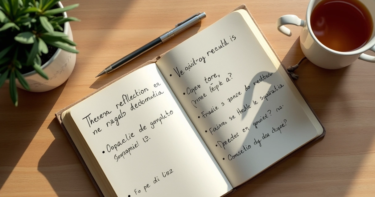 Caderno aberto com perguntas de reflexão e xícara sobre a mesa
