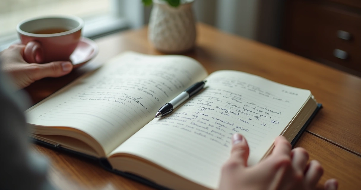 Caderno aberto com anotações e mãos em reflexão