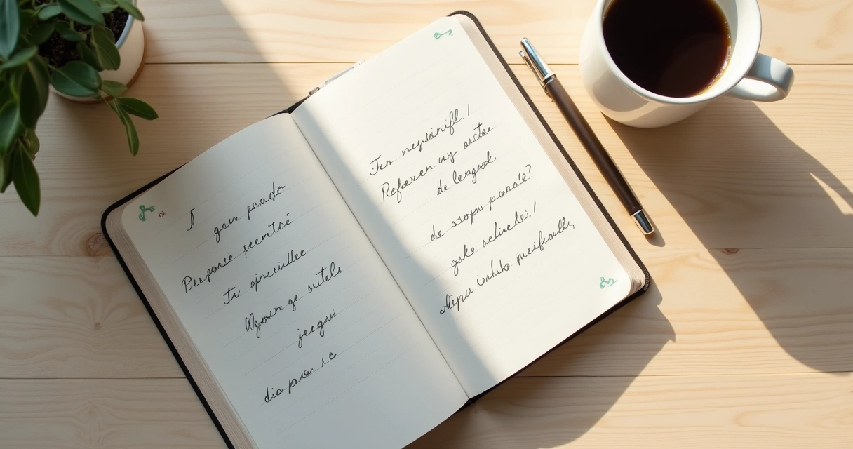 Caderno aberto com perguntas emocionais e xícara sobre mesa clara