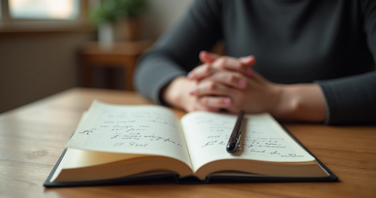 Caderno aberto com anotações e pessoa refletindo em ambiente silencioso 