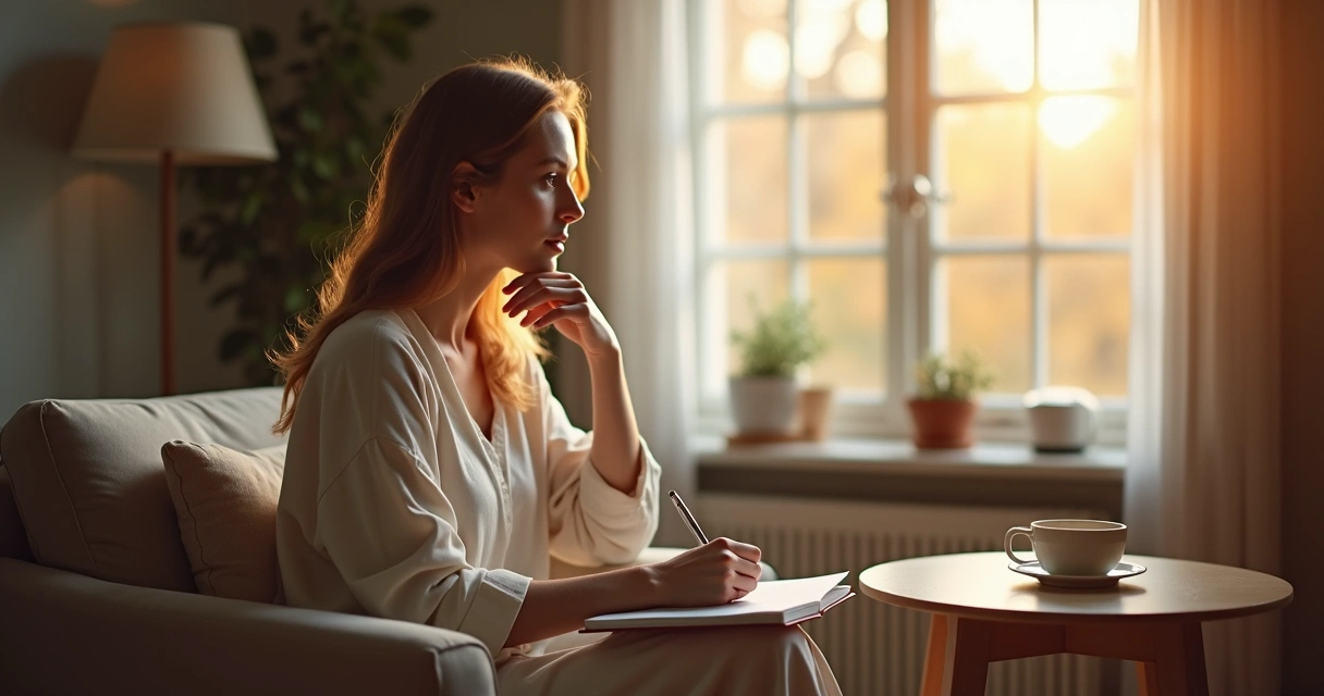Pessoa escrevendo em caderno em ambiente tranquilo 