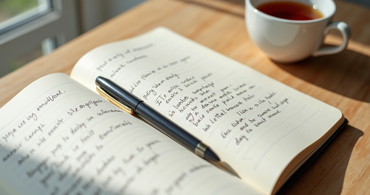 Caderno aberto com anotações e xícara em mesa clara 