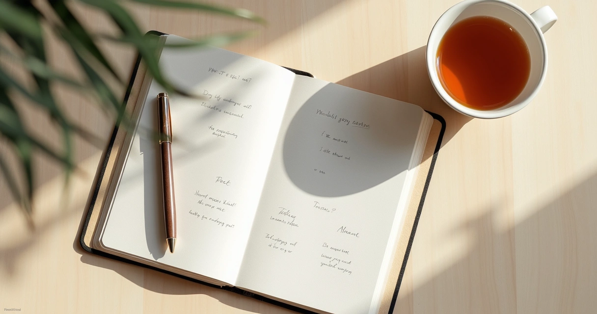 Caderno aberto com anotações emocionais e chá sobre mesa clara 