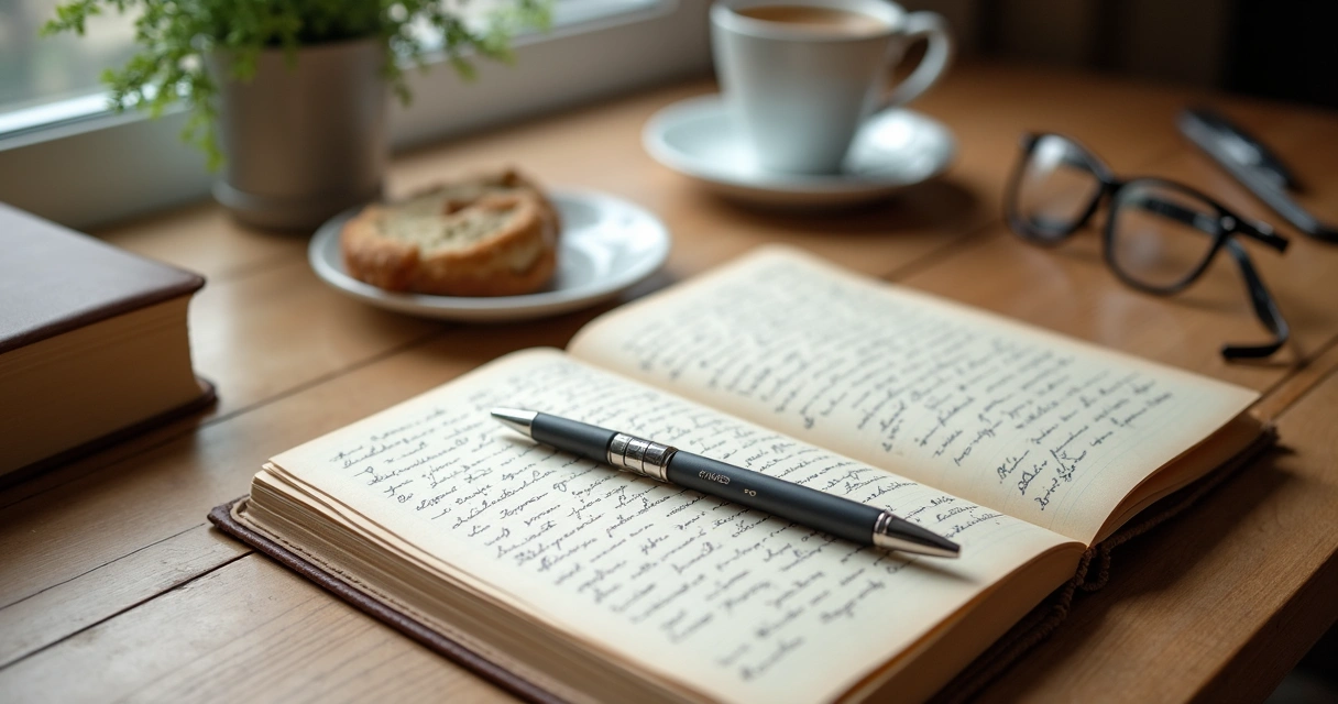 Caderno aberto com anotações de reflexão emocional e xícara sobre a mesa 