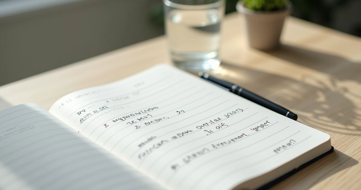 Caderno com anotações emocionais e caneta sobre mesa clara 