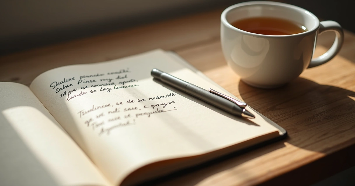 Caderno aberto com anotações emocionais e xícara de chá 