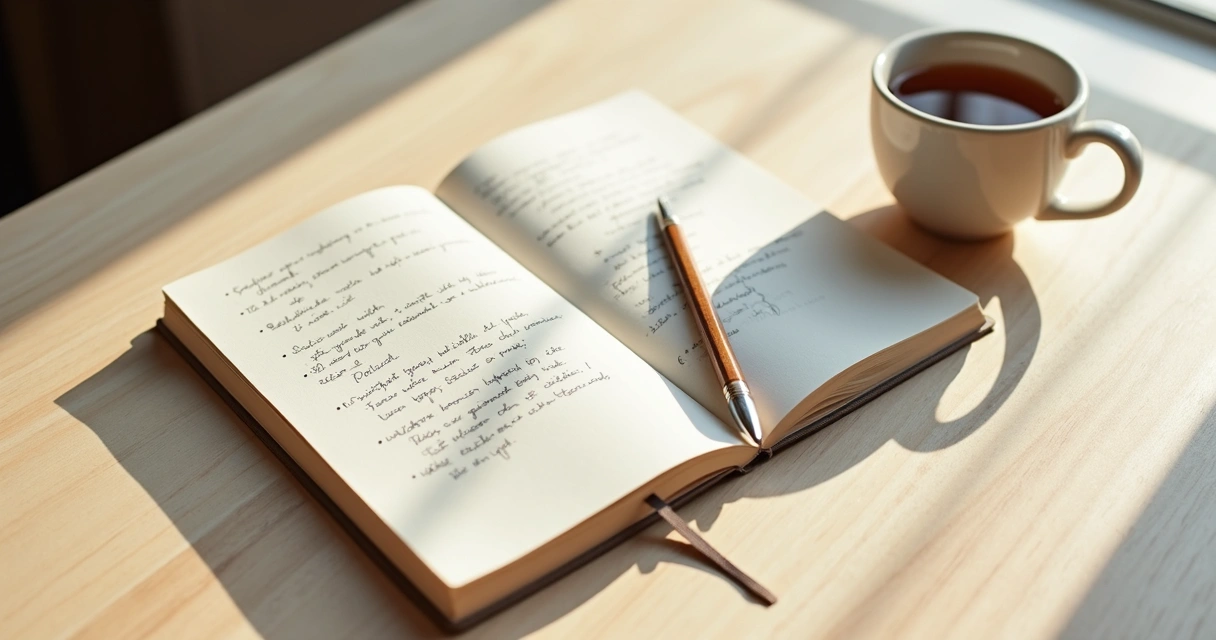Caderno aberto com anotações emocionais e xícara sobre mesa clara 