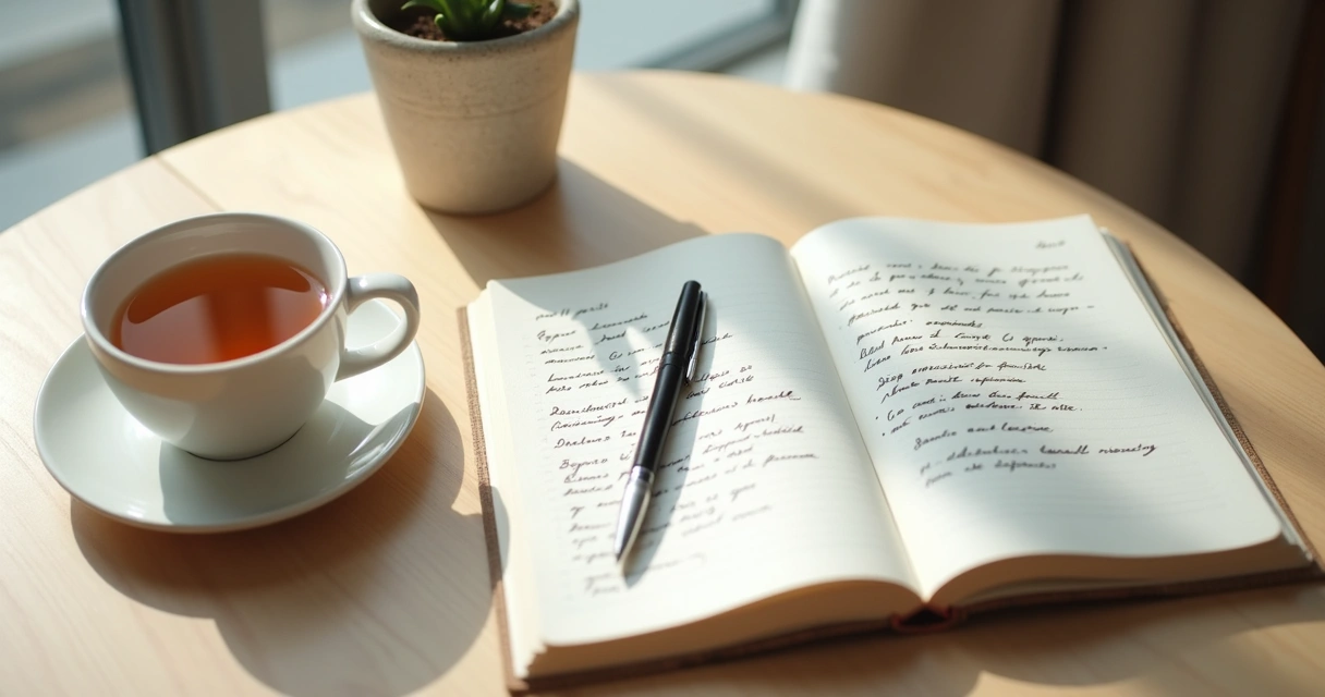 Caderno aberto com anotações e xícara ao lado em mesa clara