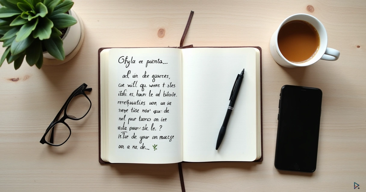 Caderno aberto com anotações e café sobre mesa clara 