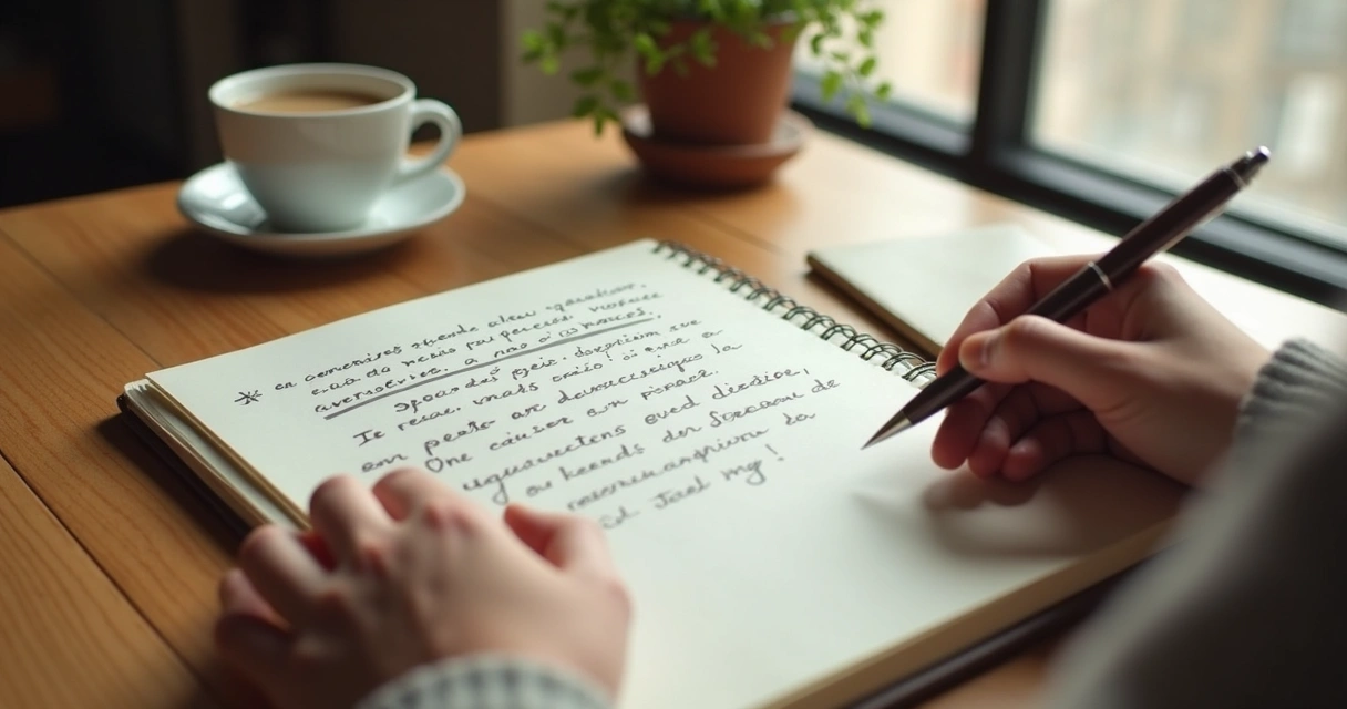 Caderno aberto com anotações e mãos em reflexão