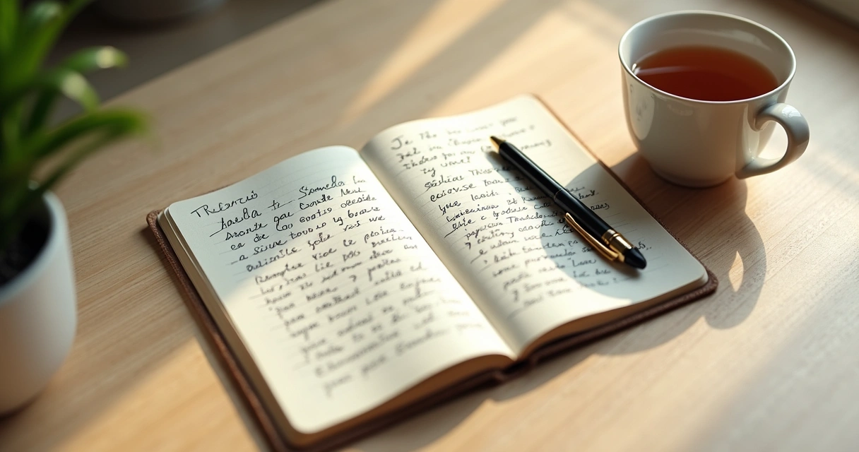 Caderno aberto com anotações e xícara ao lado