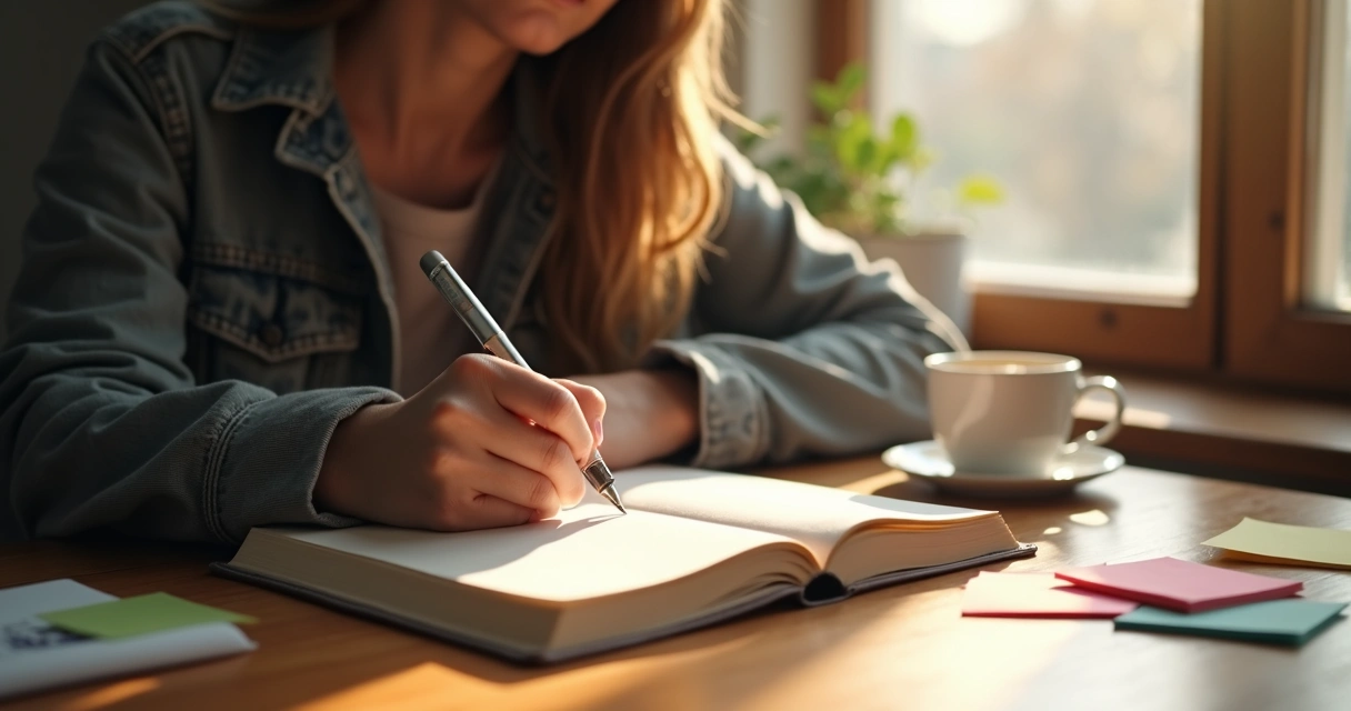 Pessoa escrevendo em caderno durante reflexão emocional