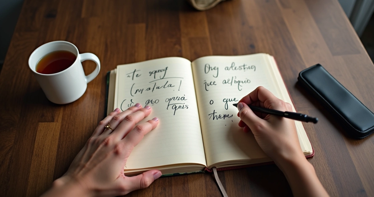 Pessoa escrevendo reflexões em um caderno sobre emoções 